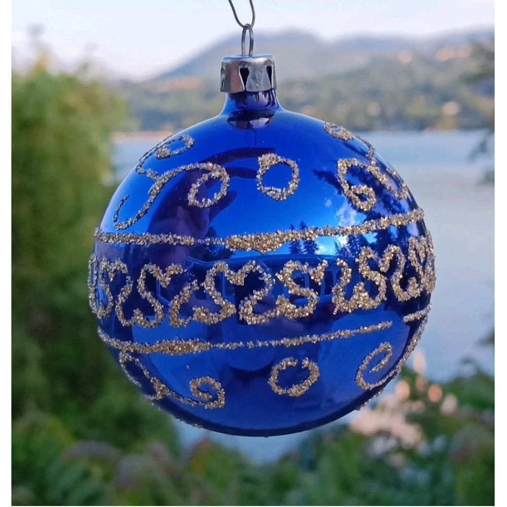 Vintage Poland 2.5in Mercury Glass Christmas Ornament Hand Painted Glitter Blue